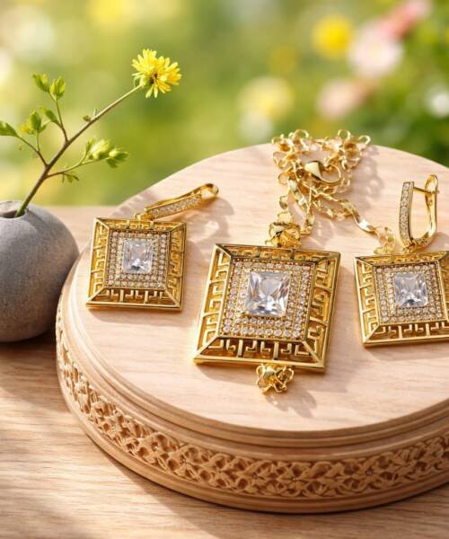 Kit Cadena Dije Aretes Cuadrado Imitacion Diamantes