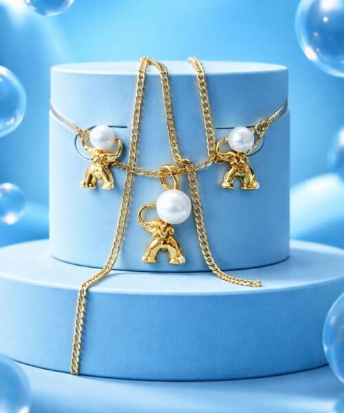 Kit Cadena Dije Aretes Elefante Perla