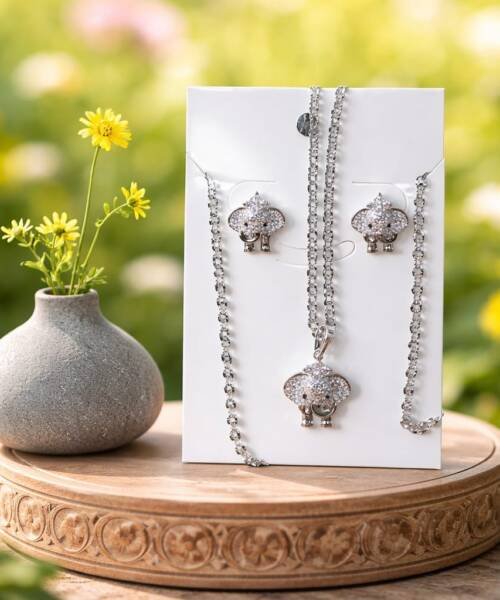 Kit Cadena Dije Aretes Oro Blanco Elefantes