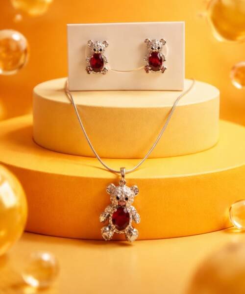 Kit Cadena Dije Aretes Oso Piedra Roja V2