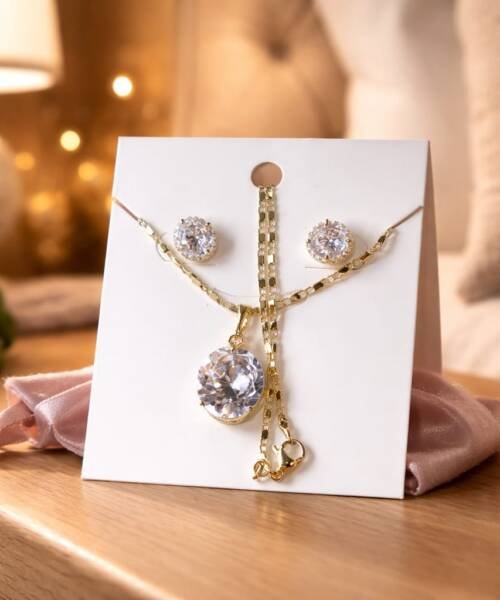 Kit Cadena Dije Aretes Piedra Imitacion Diamantes