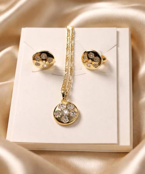 Kit Cadena Dije Aretes Placa Redonda Puenas Flores Imitación Diamante