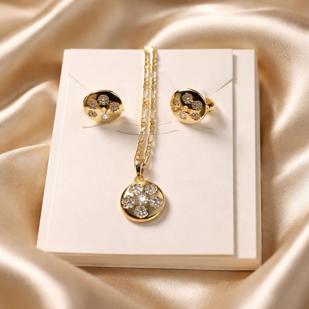 Kit Cadena Dije Aretes Placa Redonda Puenas Flores Imitación Diamante