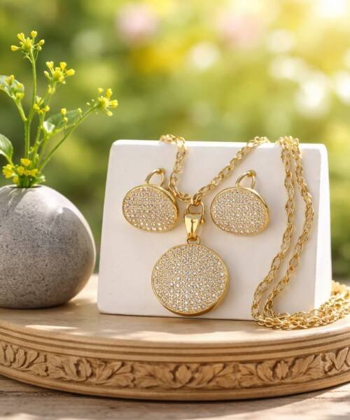 Kit Cadena Dije Aretes Redonda Brillantes