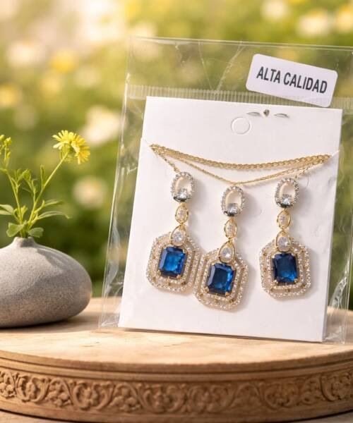 Kit Collar Dije Aretes Rombos Piedra Azul