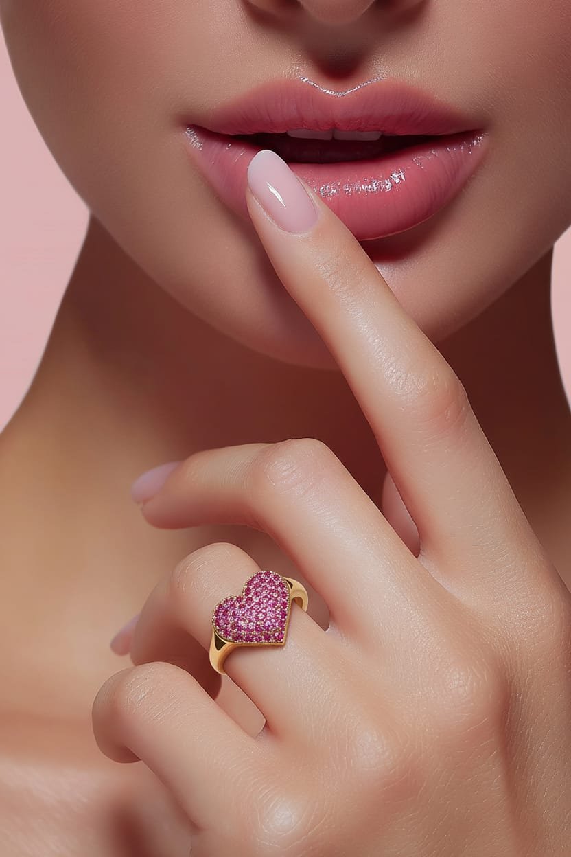 Anillo Corazón Pequeñas Piedras Rojas